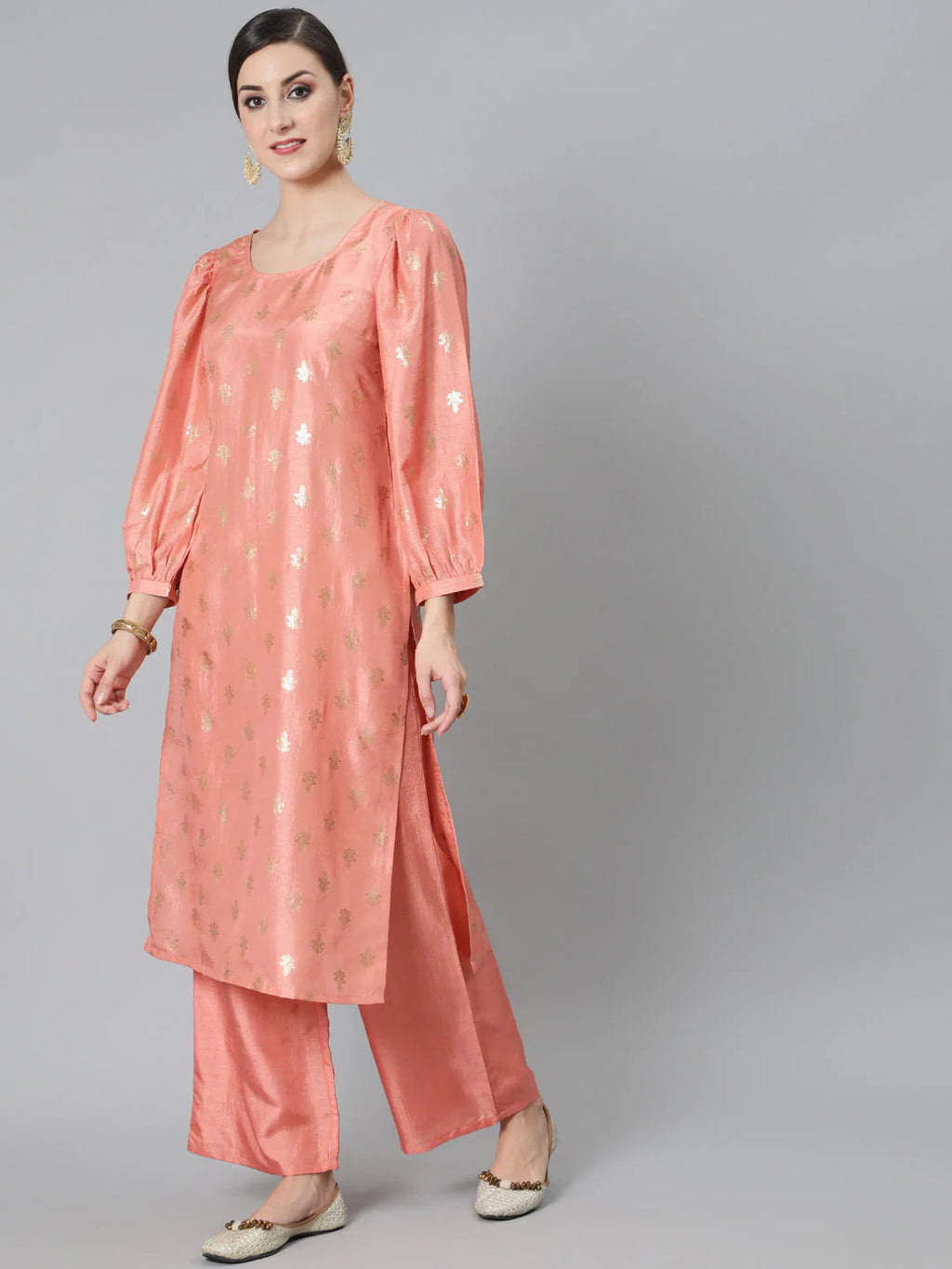 Peach Foil Print Kurta With Palazzo
