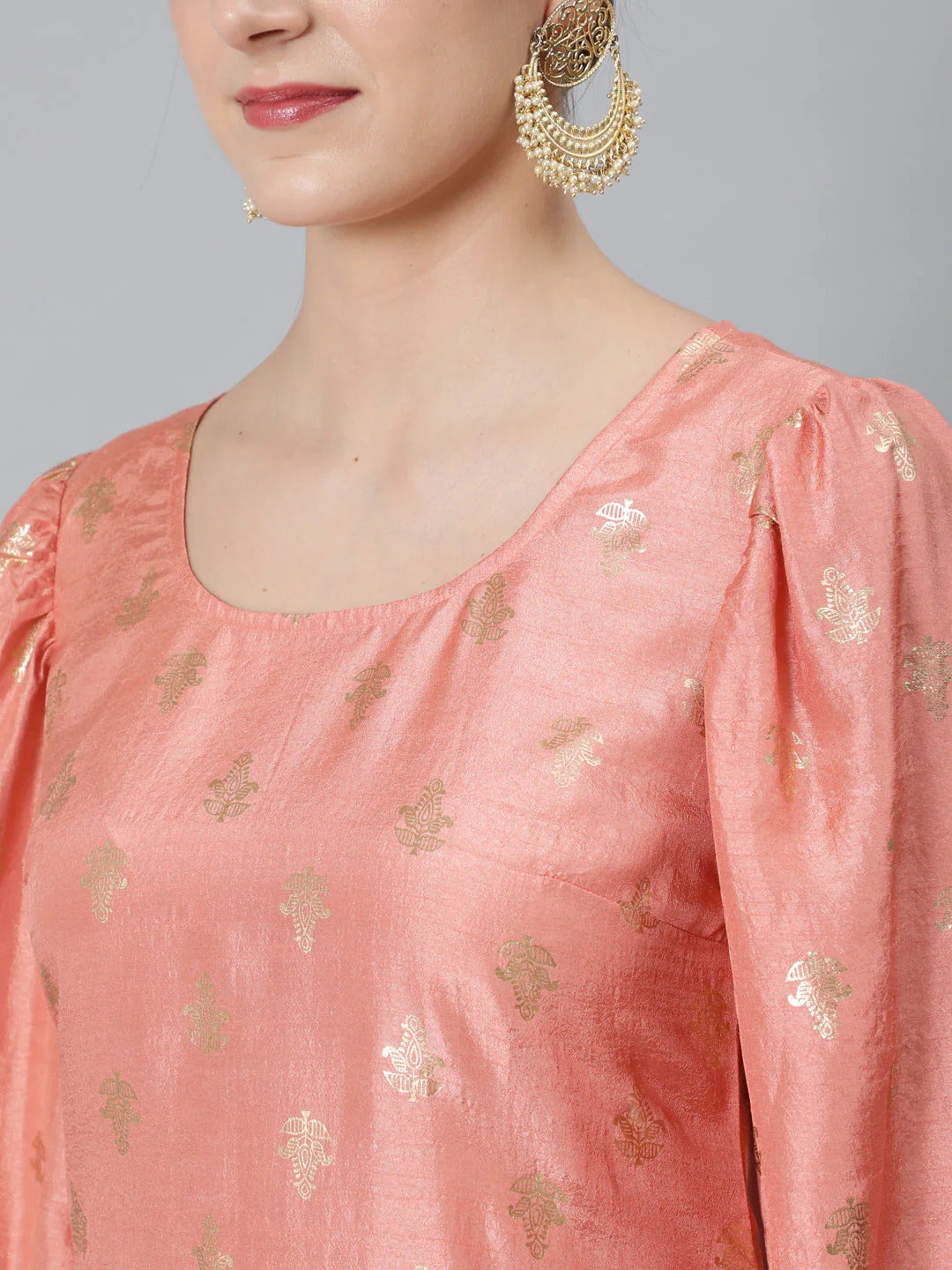 Peach Foil Print Kurta With Palazzo