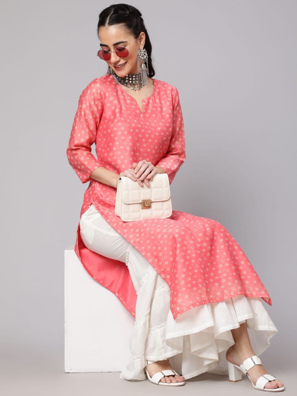 Pink Bandhani Print Straight Kurta  (only kurta )