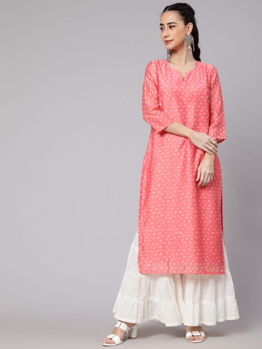 Pink Bandhani Print Straight Kurta  (only kurta )