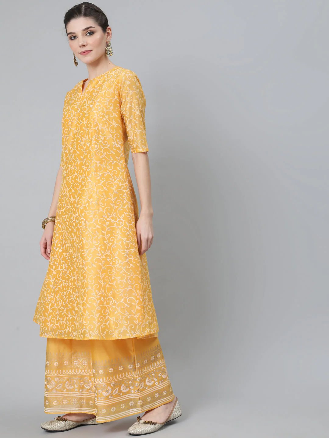 Yellow Block Print A-Line Kurta With Palazzo Set – Elegant Ethnic Wear for Women