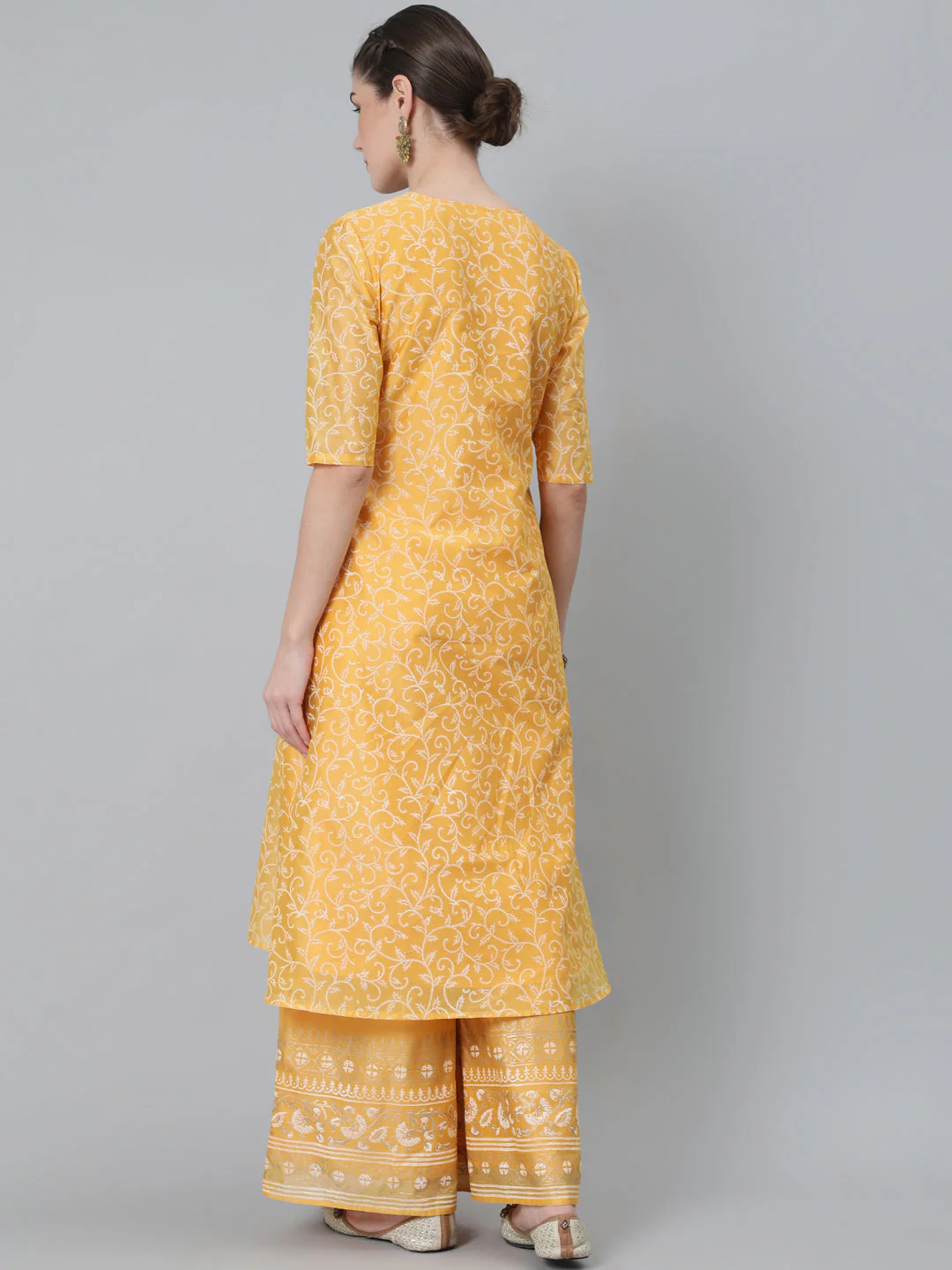 Yellow Block Print A-Line Kurta With Palazzo Set – Elegant Ethnic Wear for Women