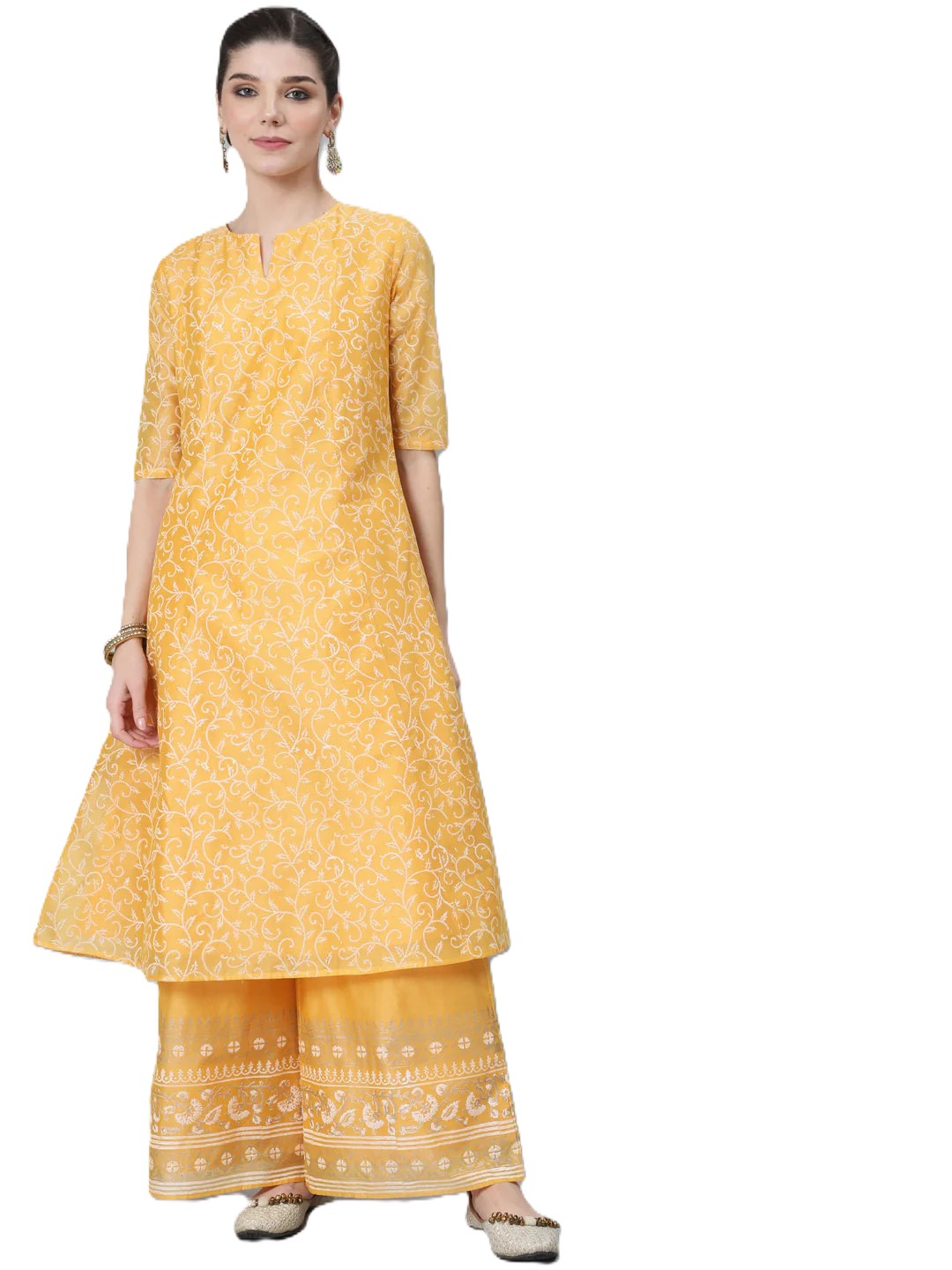 Yellow Block Print A-Line Kurta With Palazzo Set – Elegant Ethnic Wear for Women