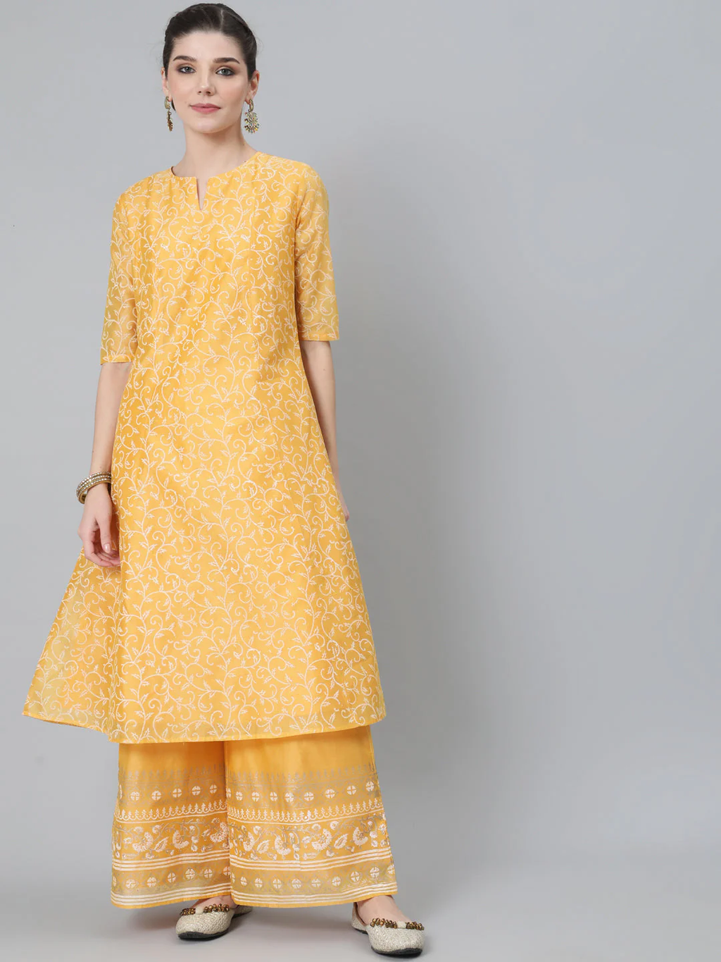 Yellow Block Print A-Line Kurta With Palazzo Set – Elegant Ethnic Wear for Women