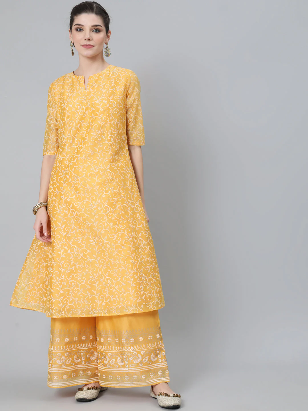 Yellow Block Print A-Line Kurta With Palazzo Set – Elegant Ethnic Wear for Women