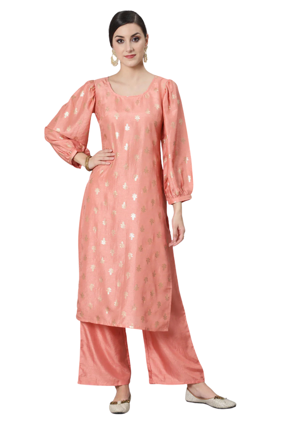 Peach Foil Print Kurta With Palazzo